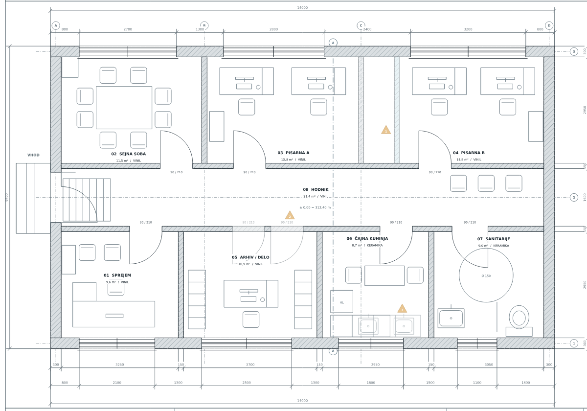 Overlaid floor plans of the BREZA sample commercial space with doors, furniture, dimensions and grid lines